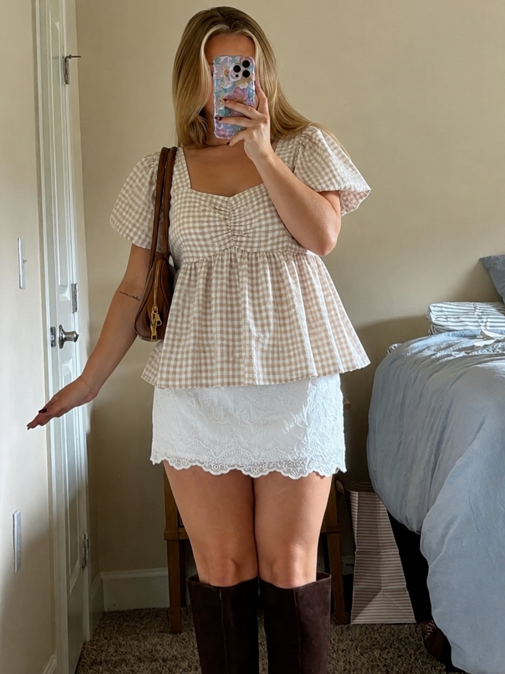 Old Navy Puff-Sleeve Smocked Seersucker Gingham Babydoll Swing Blouse XL